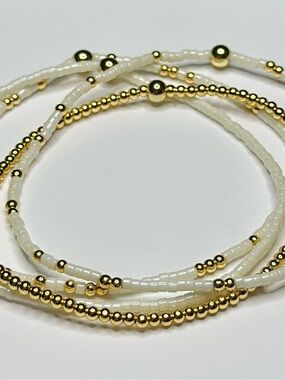 BramFam Beads gold filled White Beaded Stretch Bracelet Set - Women Jewelry